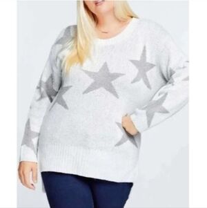 🏷️Davi & Dani OVERSIZED Knit Sweater with Star Print in Light Grey/Charcoal 3X